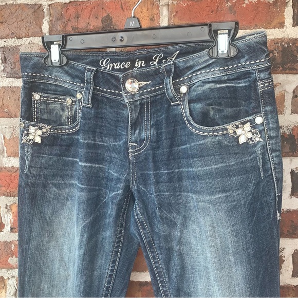 Grace in LA Boot Cut Dark Wash Jeans with Rhinestone Cross on Back Pocket - Picture 4 of 13